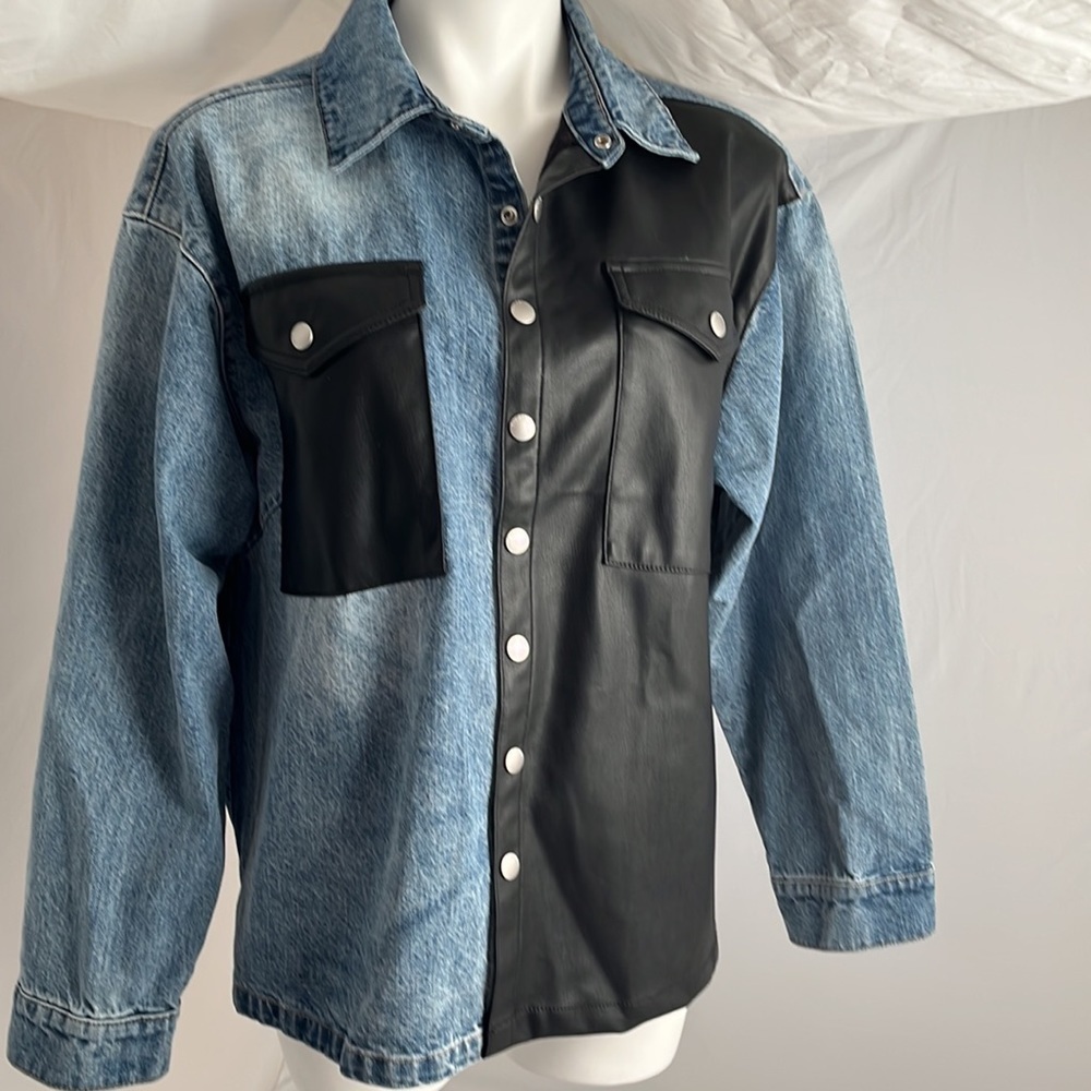 Blue Revival Unreal Leather And Denim Patchwork Shacket